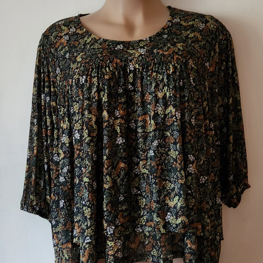 Skye's the Limit babydoll top sz 1X brown green floral boho EUC